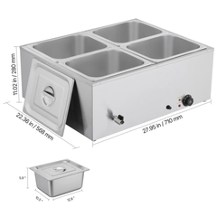 1500W Commercial Food Warmer Bain Marie 4 Pan Countertop