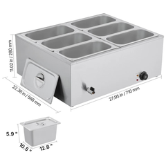 1500W Commercial Food Warmer Bain Marie 6 Pan Countertop