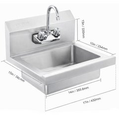 17x12.8" Commercial Hand Wash Sink Wall Mount Stainless Steel