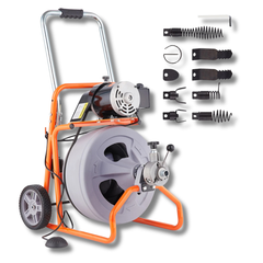 30m x 1/2" Drain Cleaner Machine with Wheels & 8 Cutters
