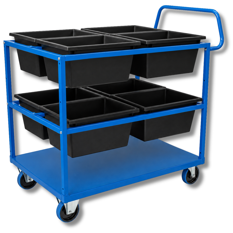 3 Tier Steel Tub Trolley Kit with 8 No.4D Black Tubs-Hammerox Industrial