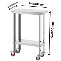 300x600mm Stainless Steel Food Prep Table with Wheels