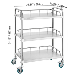 3 Tier Stainless Steel Lab Cart Mobile Utility Cart