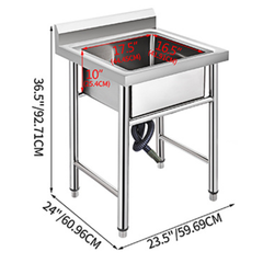 60x60x80cm Commercial Kitchen Sink Deep Bowl with Waste Outlet Stainless Steel