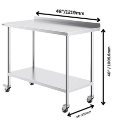 610x1210mm Stainless Steel Food Prep Table with Wheels
