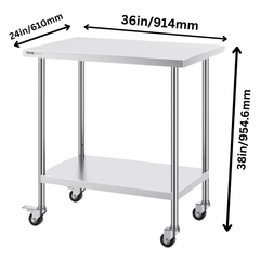 610x910mm Stainless Steel Food Prep Table with Wheels