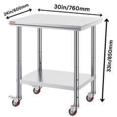 760x610mm Stainless Steel Food Prep Table with Wheels