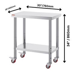 762x457mm Stainless Steel Food Prep Table with Wheels & Undershelf