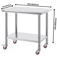 900x600mm Stainless Steel Food Prep Table with Wheels
