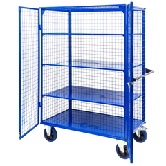 Lockable Mesh Cage Trolley with Sheet Metal Shelves-Hammerox Industrial