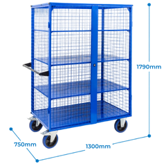 Lockable Mesh Cage Trolley with Sheet Metal Shelves-Hammerox Industrial