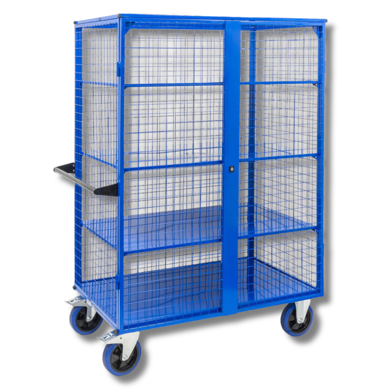 Lockable Mesh Cage Trolley with Sheet Metal Shelves-Hammerox Industrial