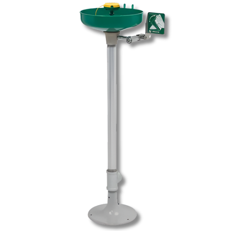 Pedestal Mounted Eye & Face Wash with Stainless Steel Pipe Green ABS Bowl & Inline Strainer